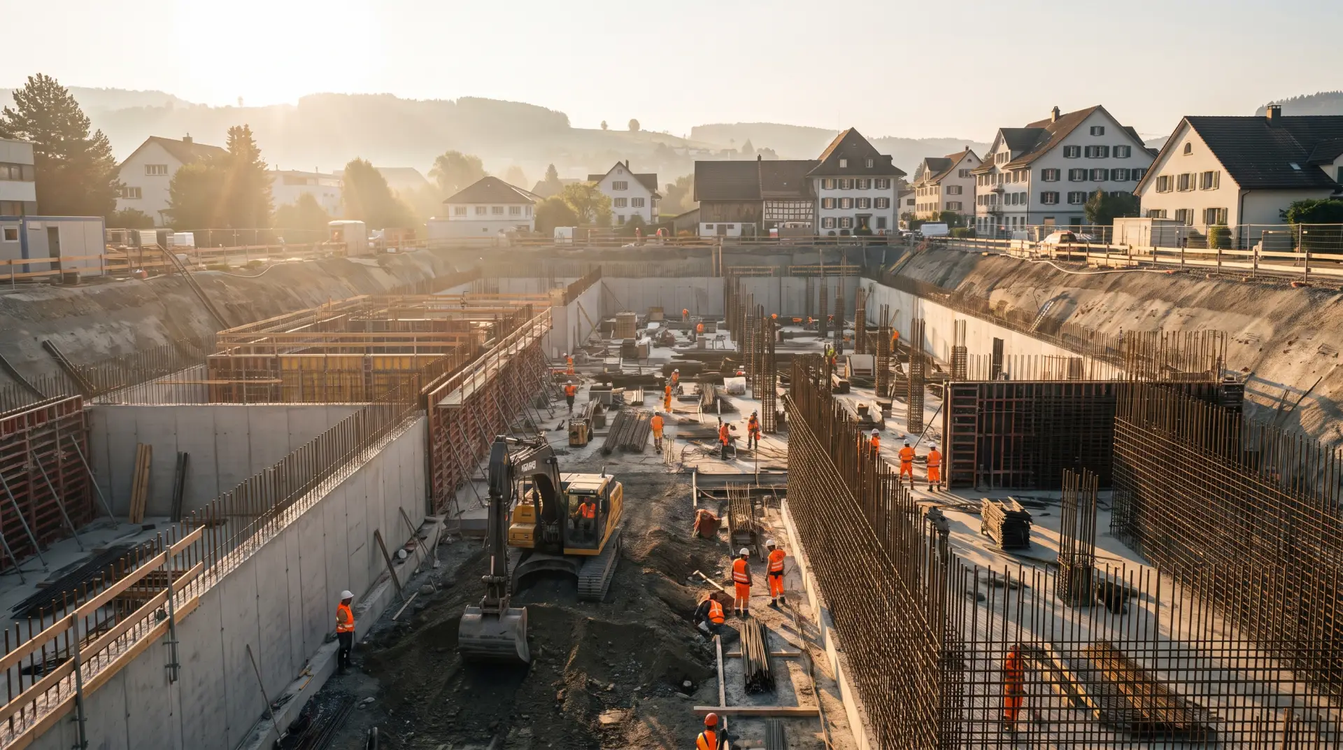 Baugrube mit Schalung und Kran — Tiefbau durch Swiss Group Constructions