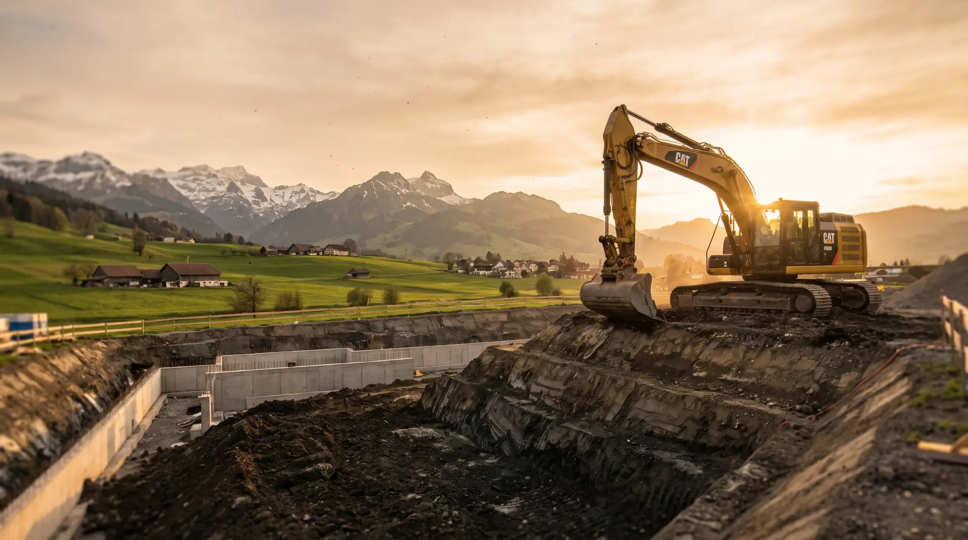 Bagger beim Aushub einer Baugrube im Zürcher Oberland bei Abendlicht