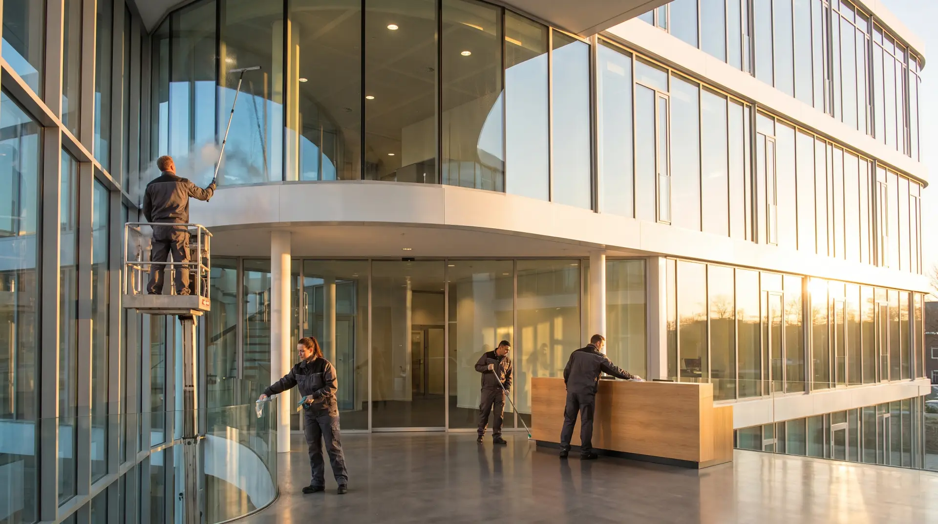 Reinigungsteam in einem modernen Bürogebäude — Gebäudereinigung durch Swiss Group Constructions