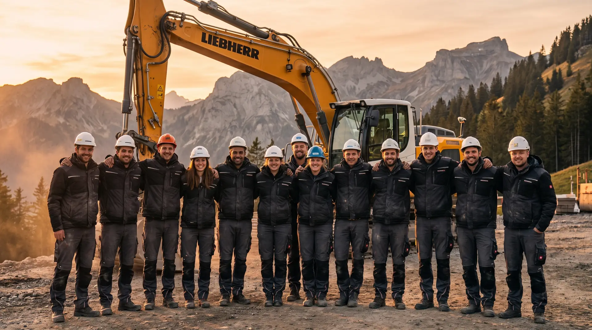 Bauteam vor einem Bagger auf einer Baustelle im Abendlicht